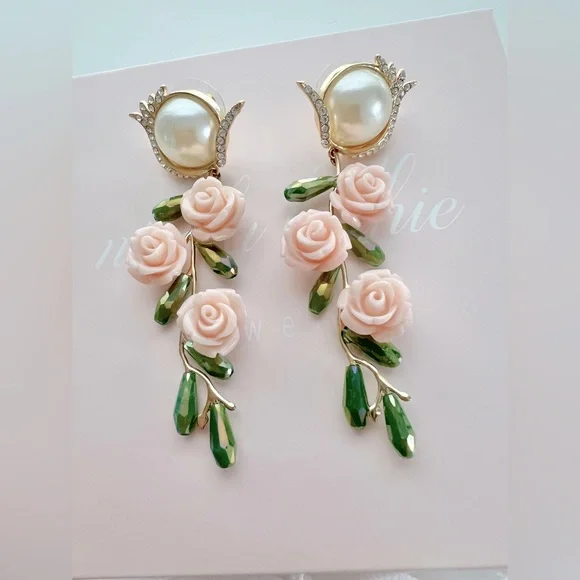 Nicola Bathie Embellished Pearly Pink Floral Drop Earrings - Picture 4 of 6